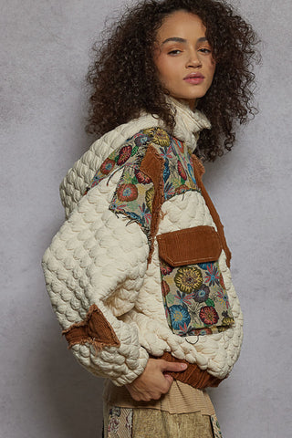 camel + cream jacquard quilted hoodie
