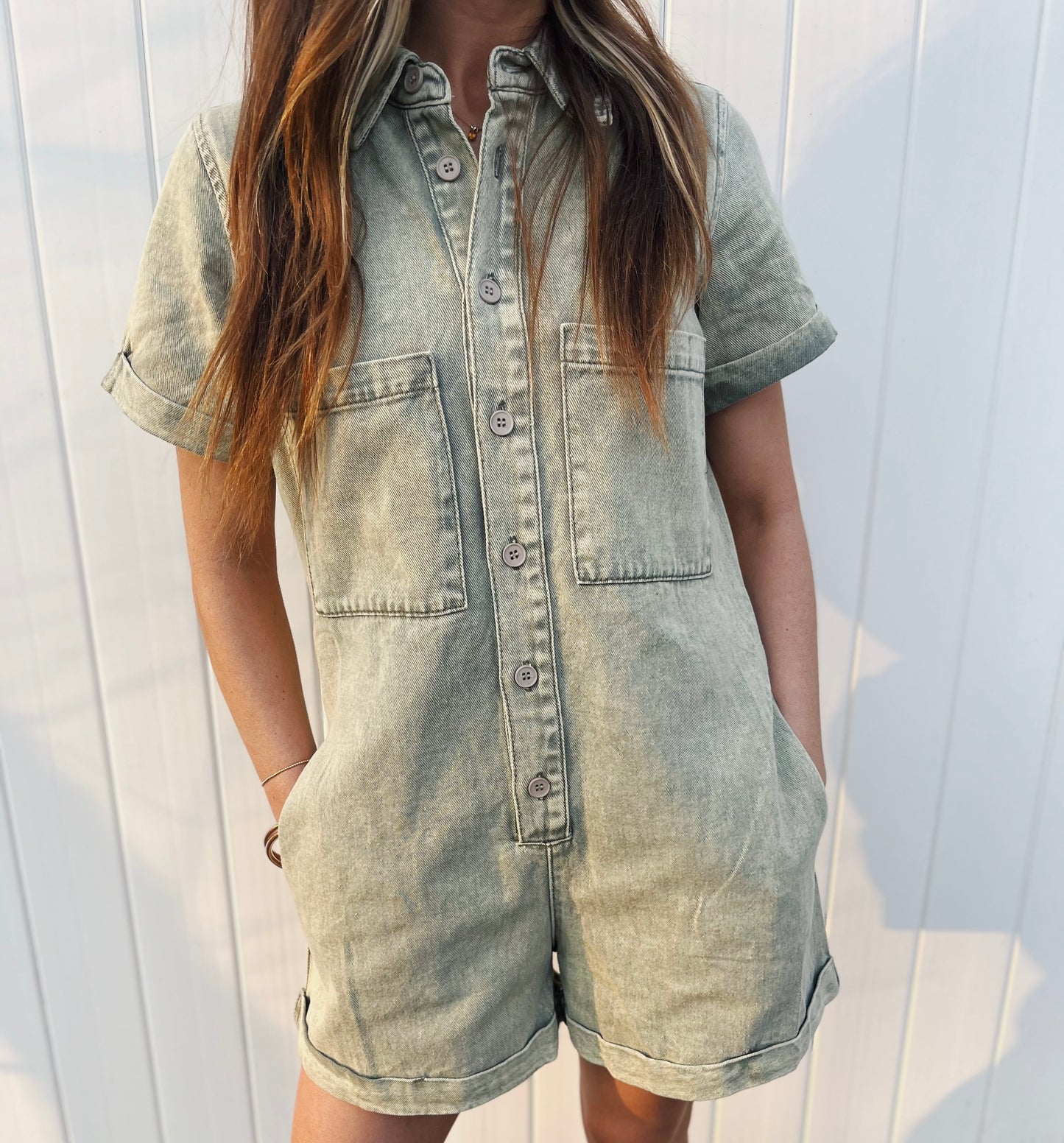 sage washed denim romper