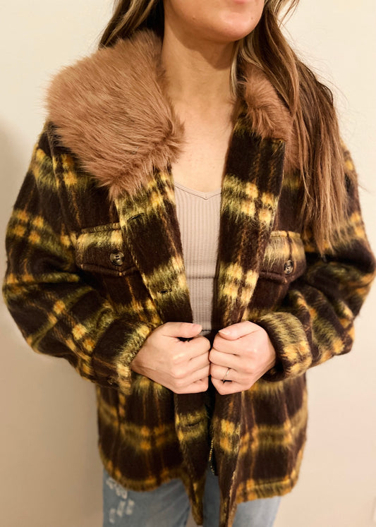 brown fuzzy plaid fur jacket