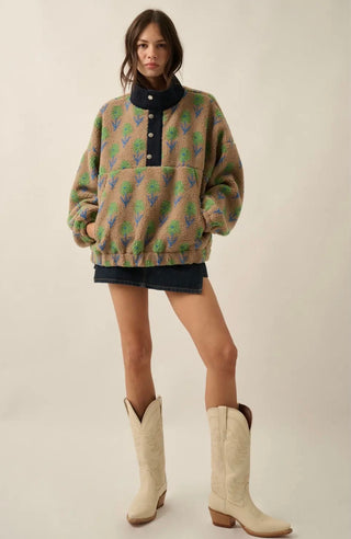 floral sandy sherpa fleece + denim half-zip pullover