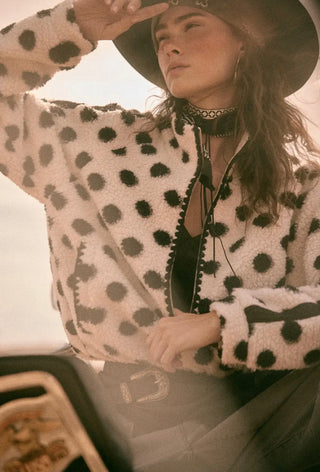 b&w polka dot + crochet trim half-zip
