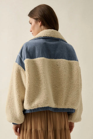 cream sherpa + denim zip-up jacket