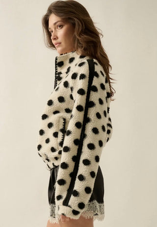 b&w polka dot + crochet trim half-zip