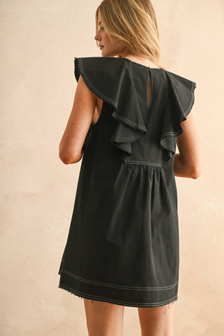 black ruffled collar woven dress
