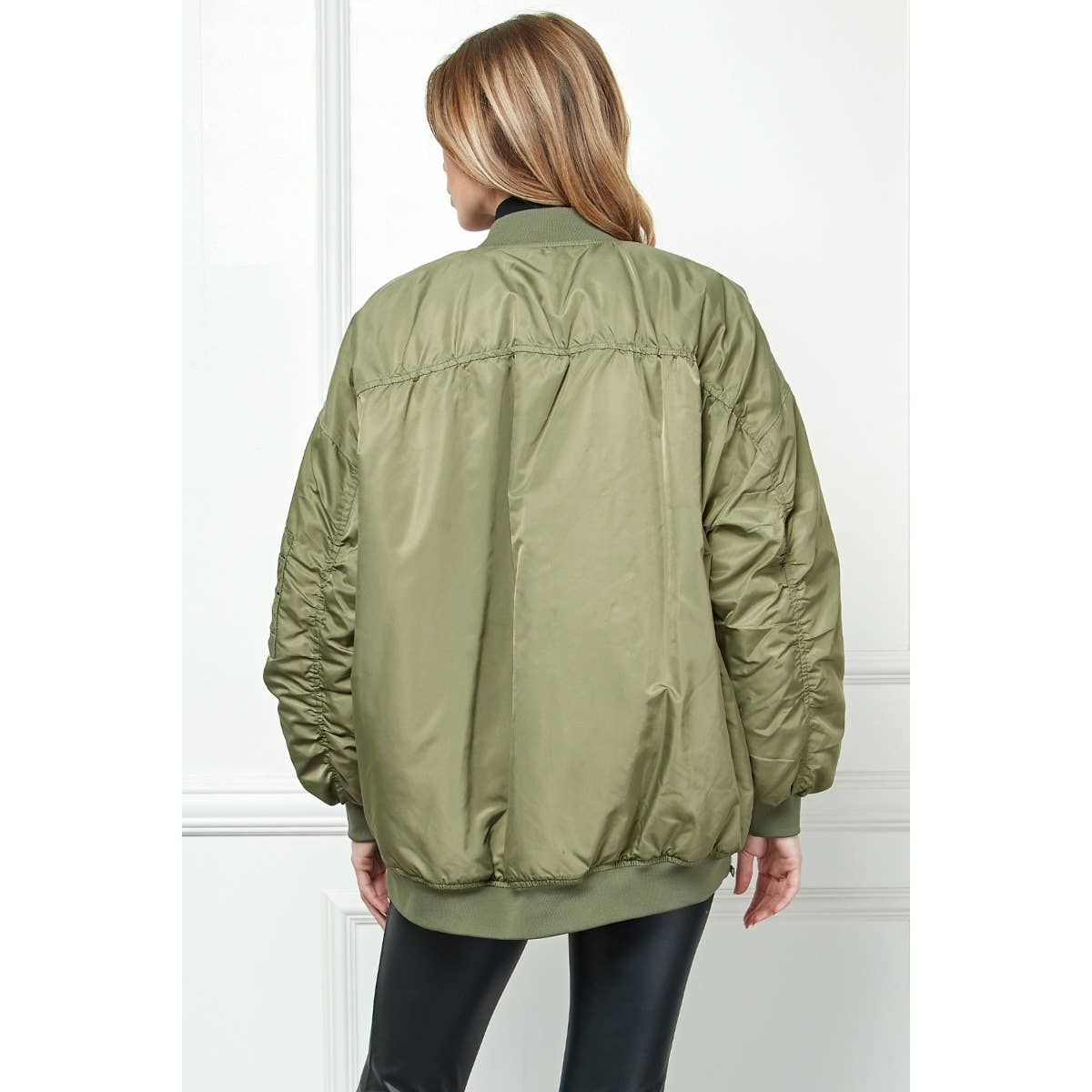 olive/neon orange bomber jacket