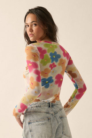 floral boat-neck bandana hem mesh top