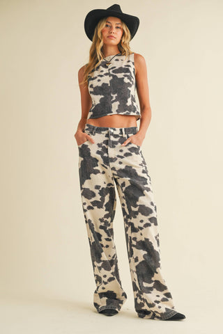 denim cow print set