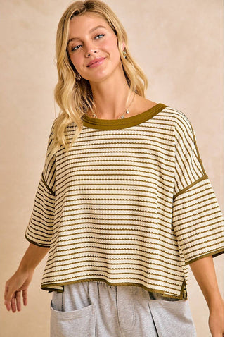 olive stripped waffle knit top