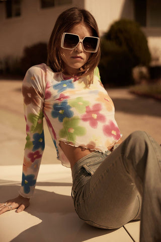 floral boat-neck bandana hem mesh top