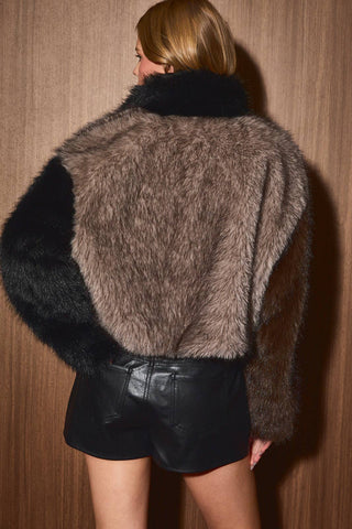 colorblock fur zip-up jacket