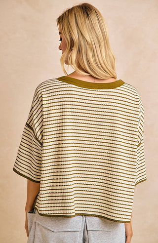 olive stripped waffle knit top