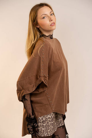 toffee oversized studded sleeve tee