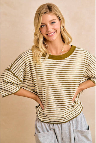 olive stripped waffle knit top