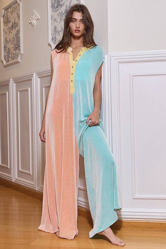 orange + aqua ribbed jumpsuit