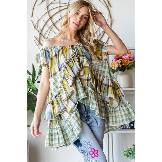 olive plaid babydoll top