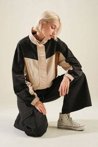 black/camel colorblock windbreaker