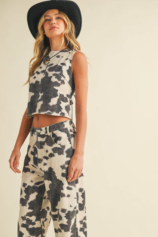 denim cow print set