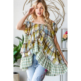 olive plaid babydoll top