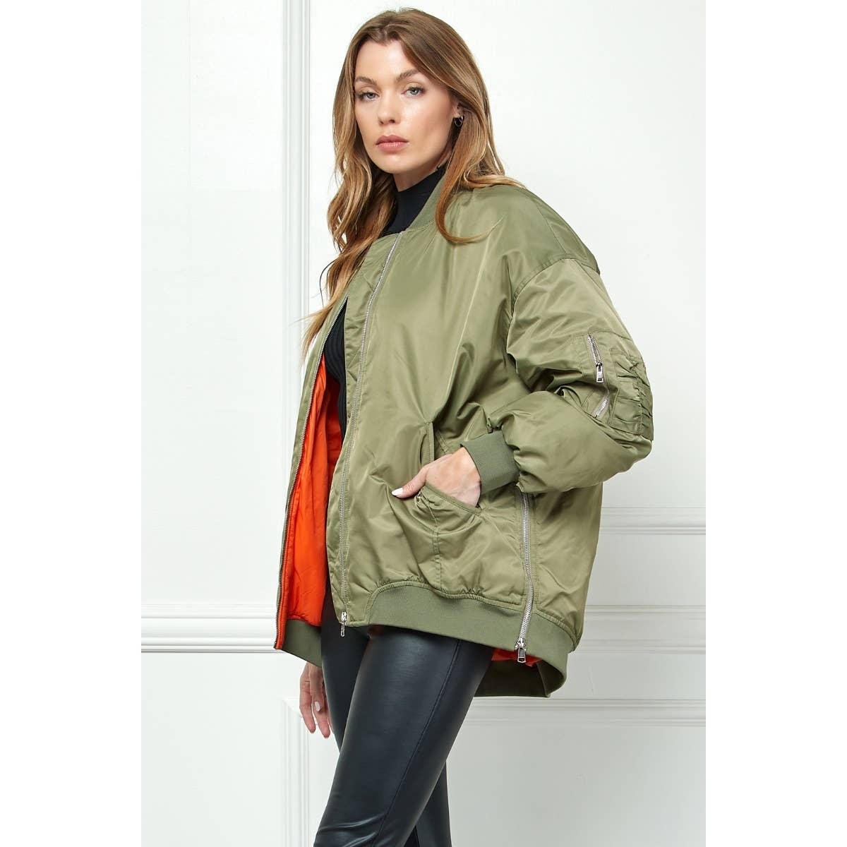 olive/neon orange bomber jacket