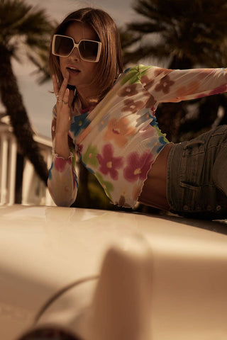 floral boat-neck bandana hem mesh top