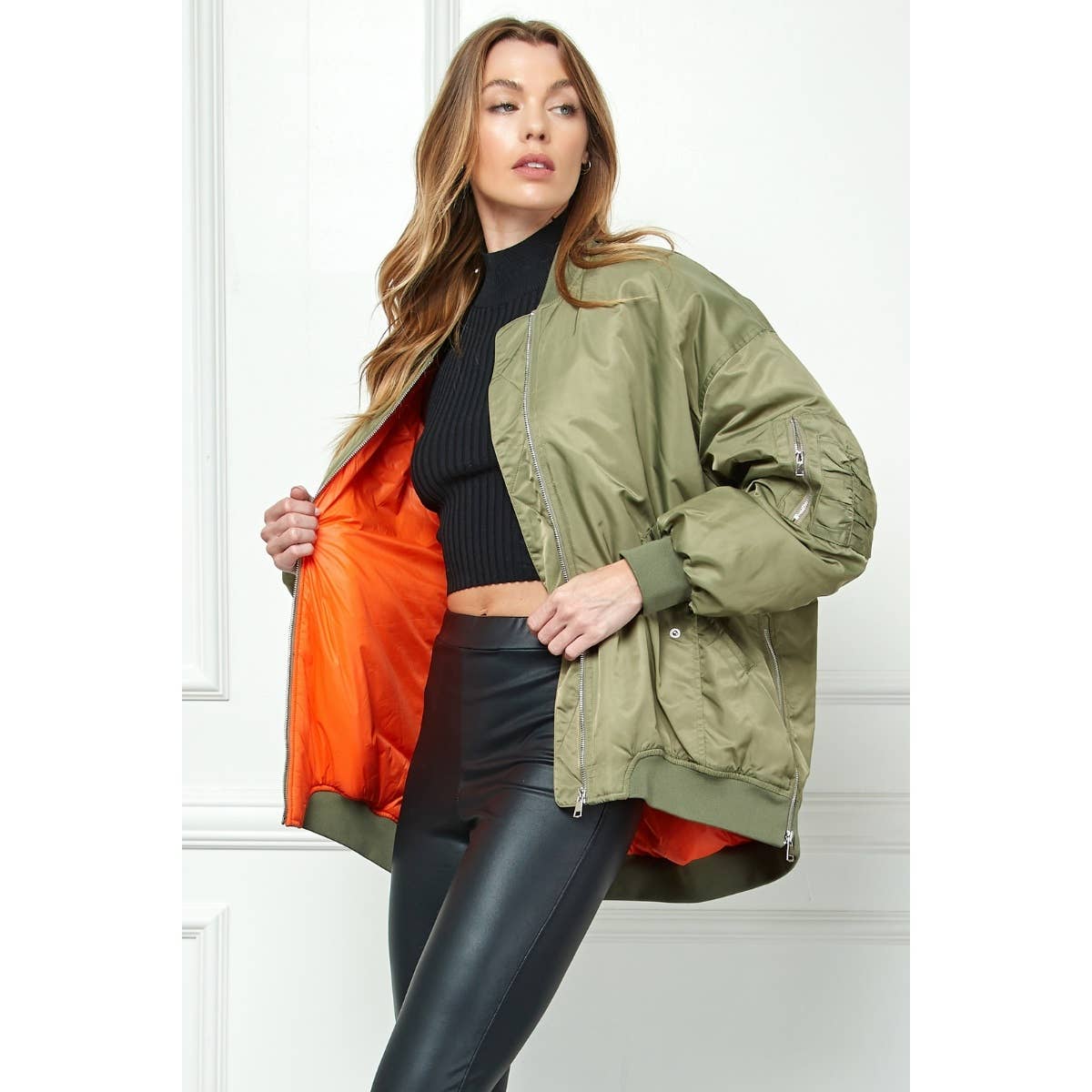 olive/neon orange bomber jacket