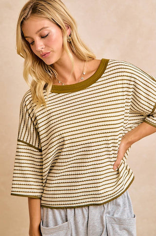 olive stripped waffle knit top