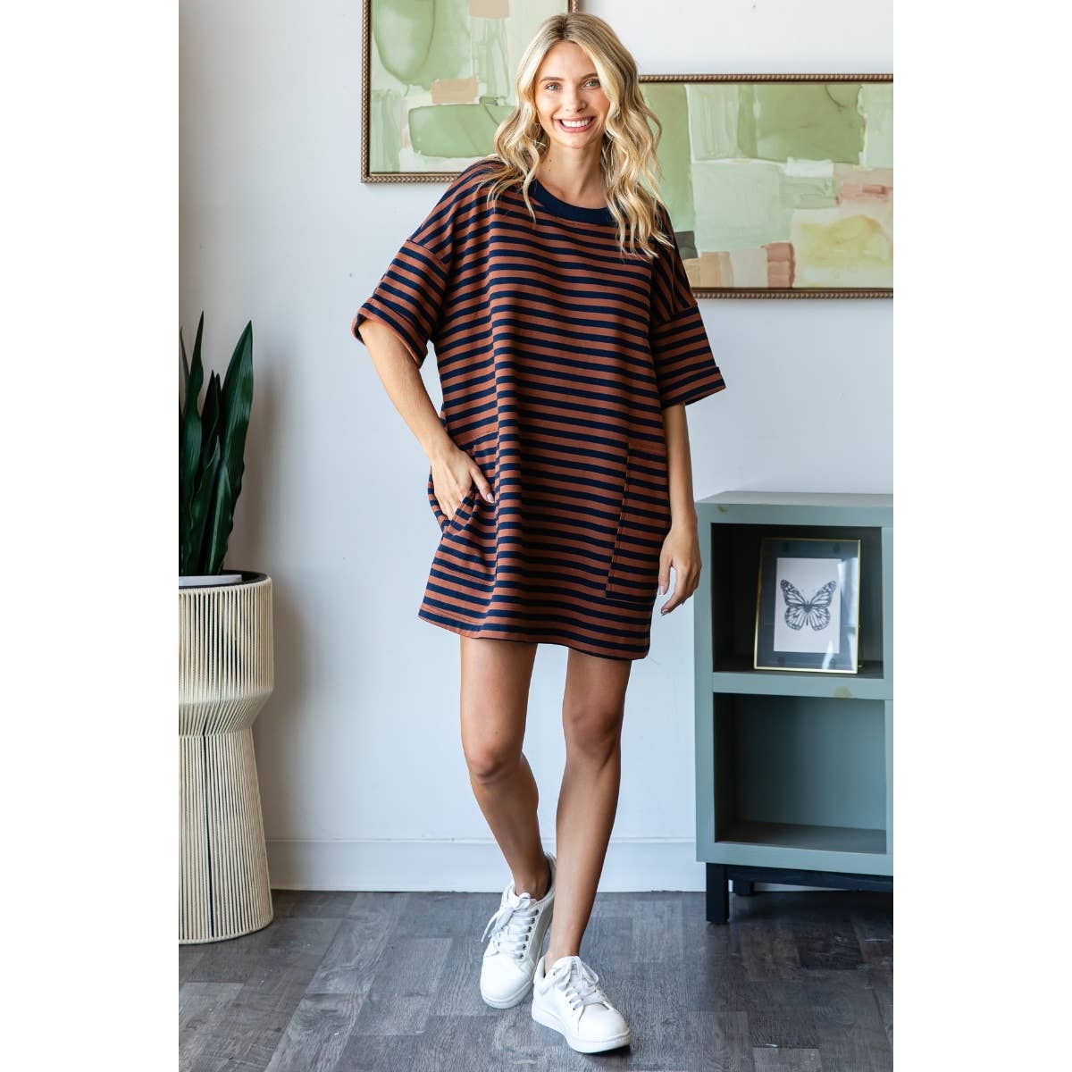 rust + navy t-shirt dress